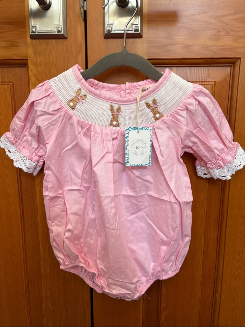 Rylee Faith Pink Smocked Bunny One-Piece Bubble 12 Month NWT